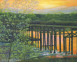 流れ橋の朝やけ